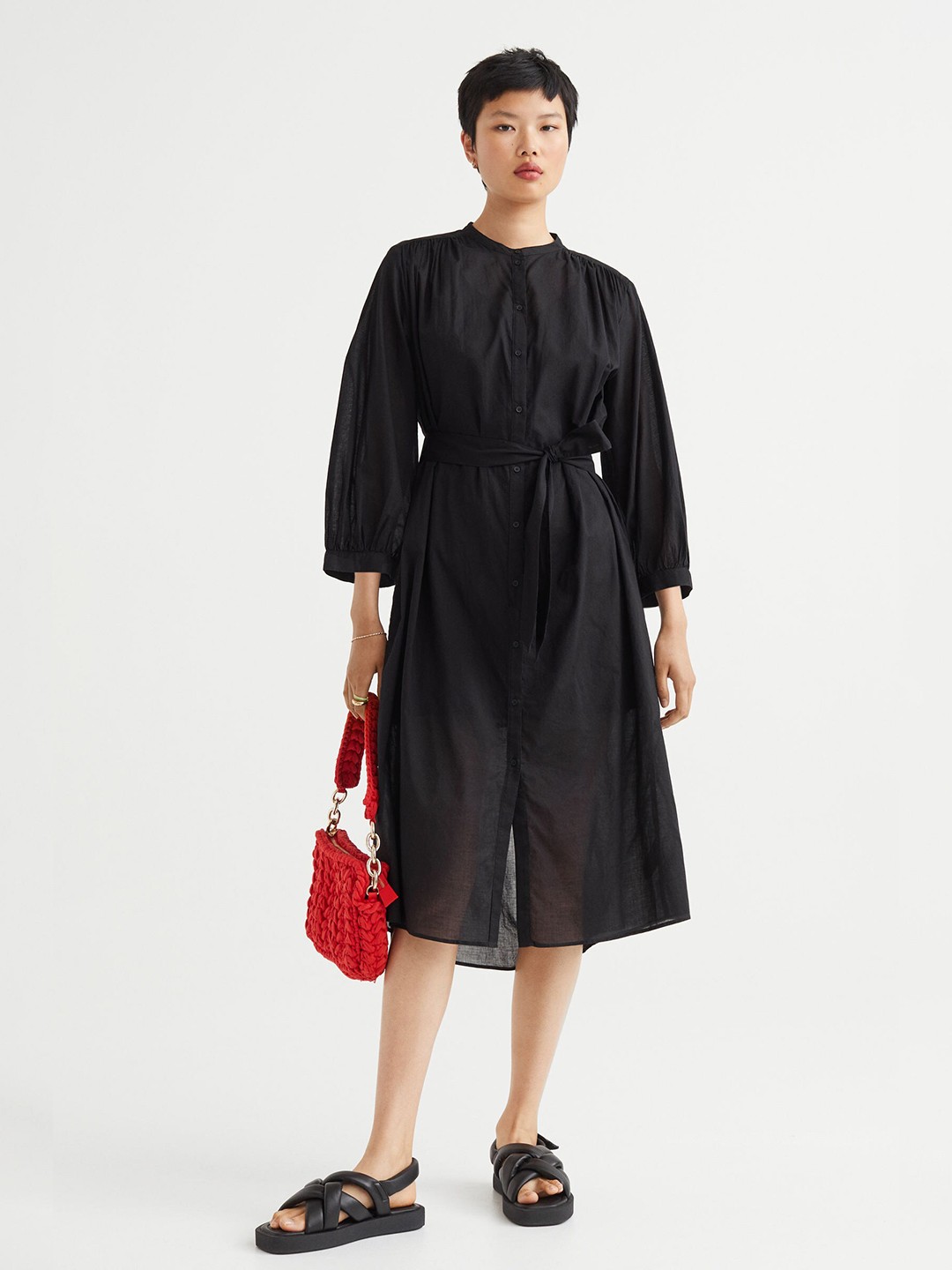 

H&M Women Black Balloon-Sleeved Cotton Shirt Dress