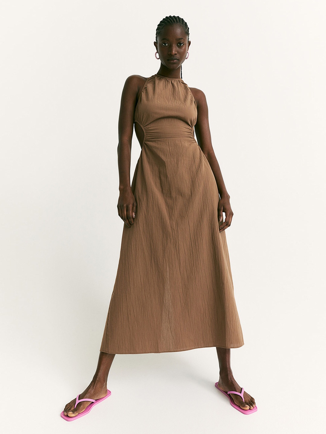 

H&M Women Brown Solid Gathered Cut-Out Dress, Beige