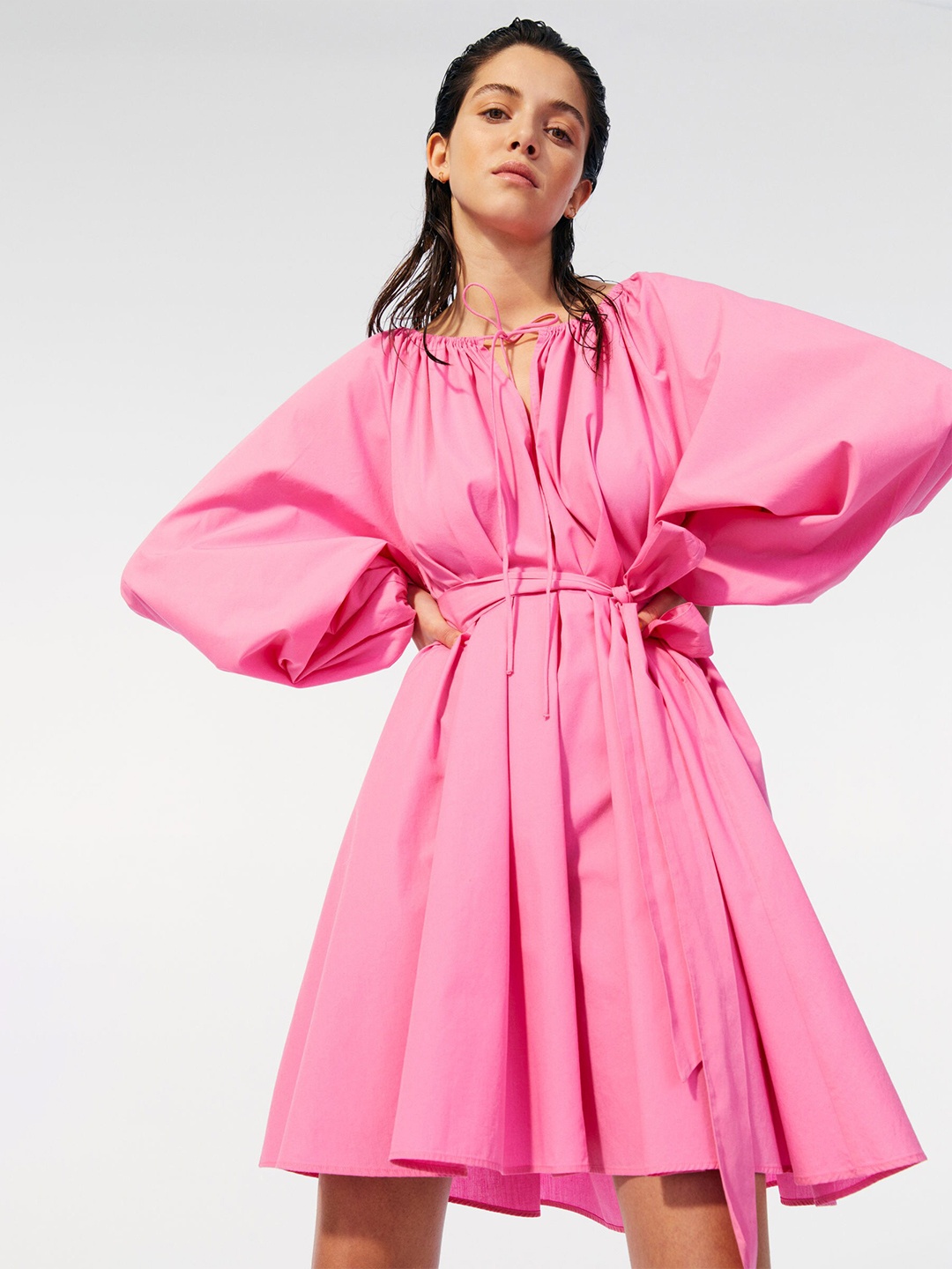 

H&M Women Pink Pure Cotton Tie-Belt Dress