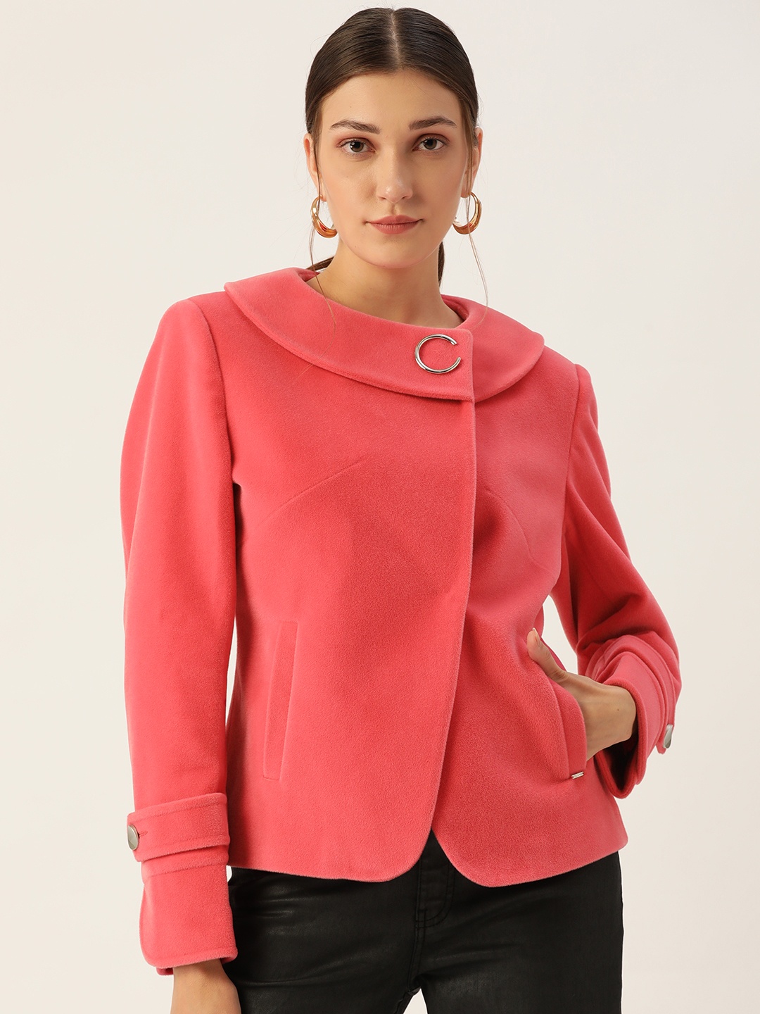 

Okane Women Pink Solid Velvet Finish Overcoat