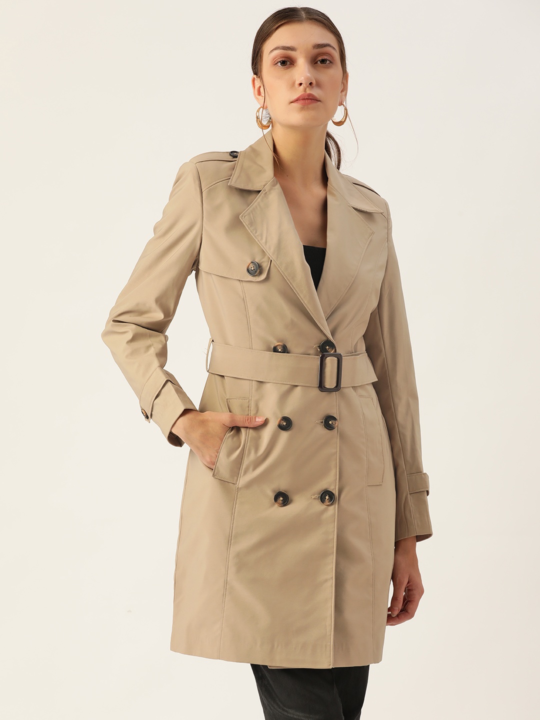

Okane Women Beige Solid Longline Trench Coat with a Belt