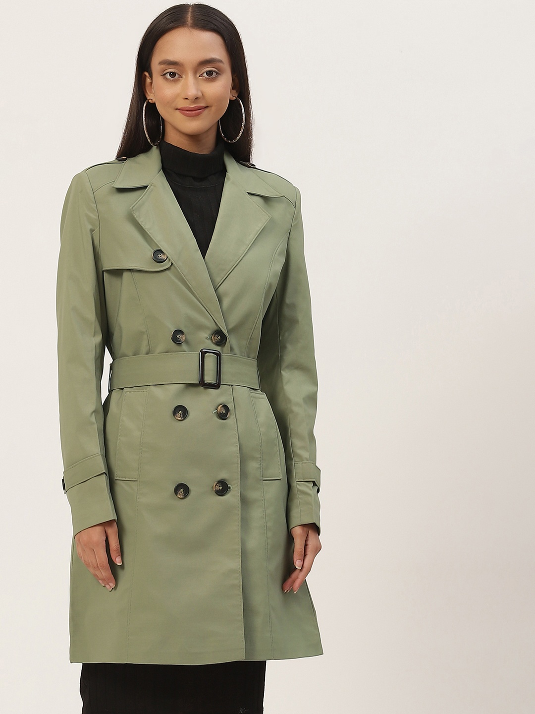 

Okane Women Olive Green Solid Notched Lapel Collar Button Detail Trench Coat with a Belt