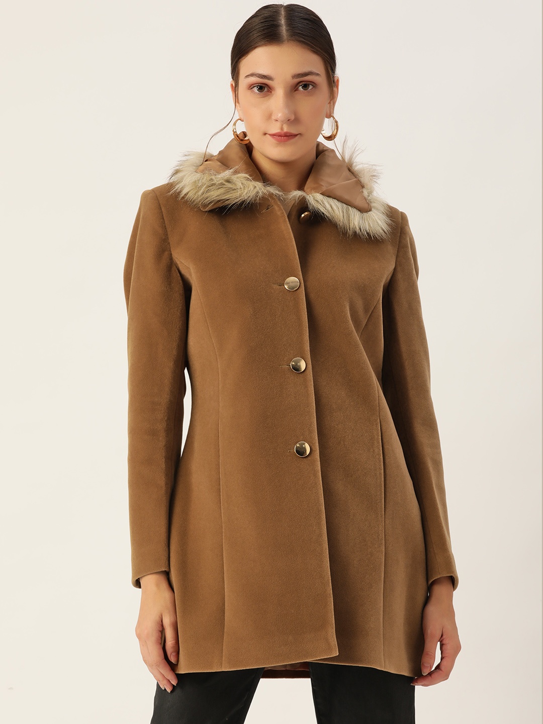 

Okane Women Brown Solid Faux Fur Trim Suede Longline Overcoat