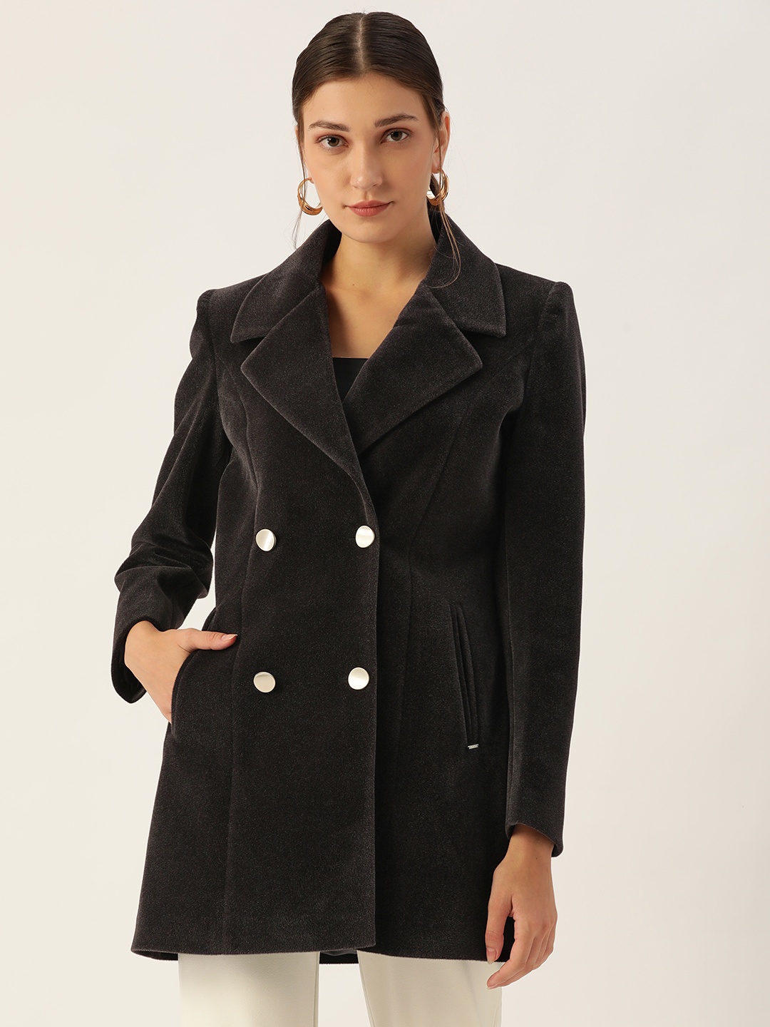 

Okane Women Black Solid Suede Longline Overcoat