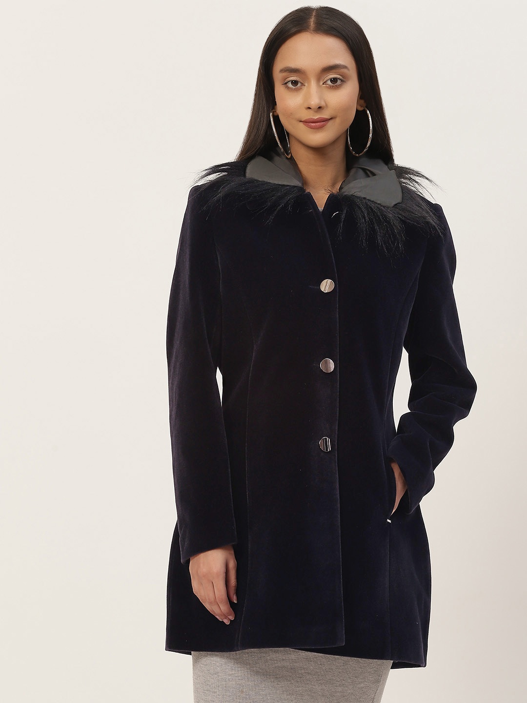 

Okane Women Navy Blue Solid Suede Faux Fur Trim Overcoat
