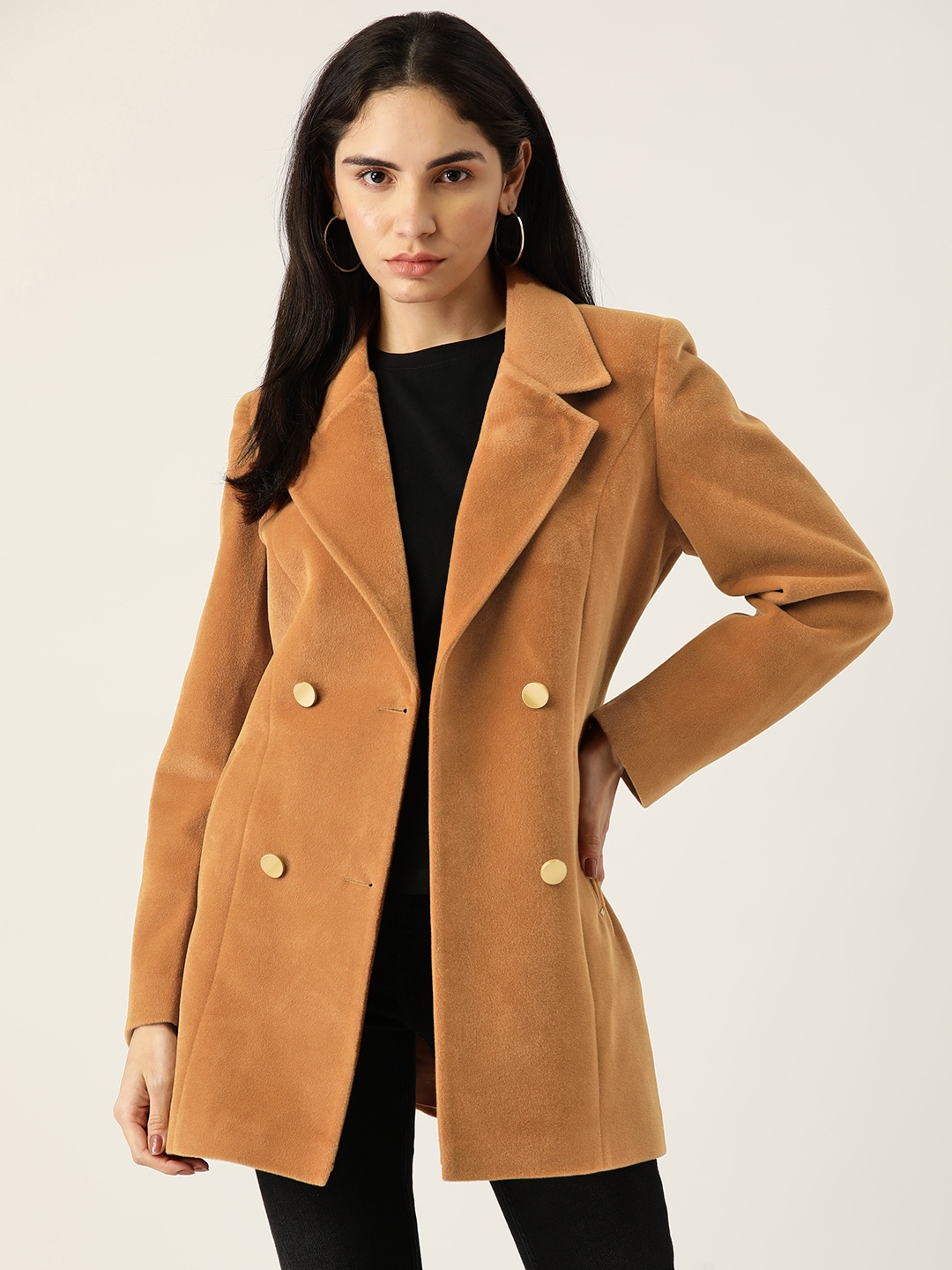 

Okane Women Tan Brown Solid Double-Breasted Velvet Finish Hip-Length Overcoat