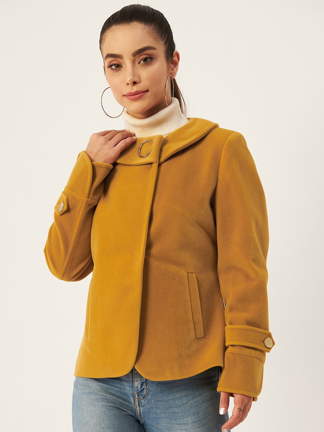 

Okane Women Mustard Yellow Solid Above the Keyboard Collar Pea Coat