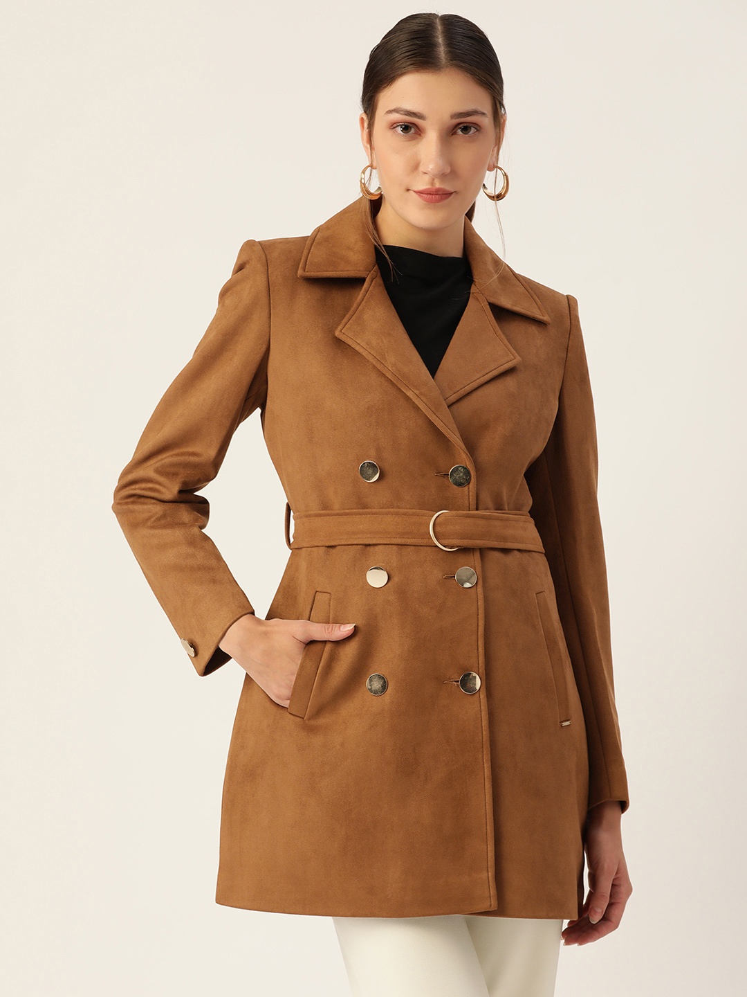 

Okane Women Brown Solid Double-Breasted Suede Finish Hip-Length Overcoat with Belt
