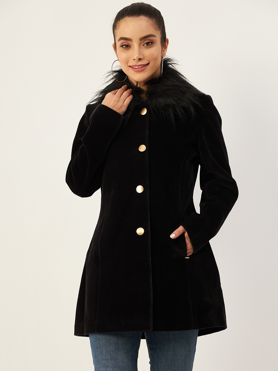 

Okane Women Black Faux Fur Coat with a Belt