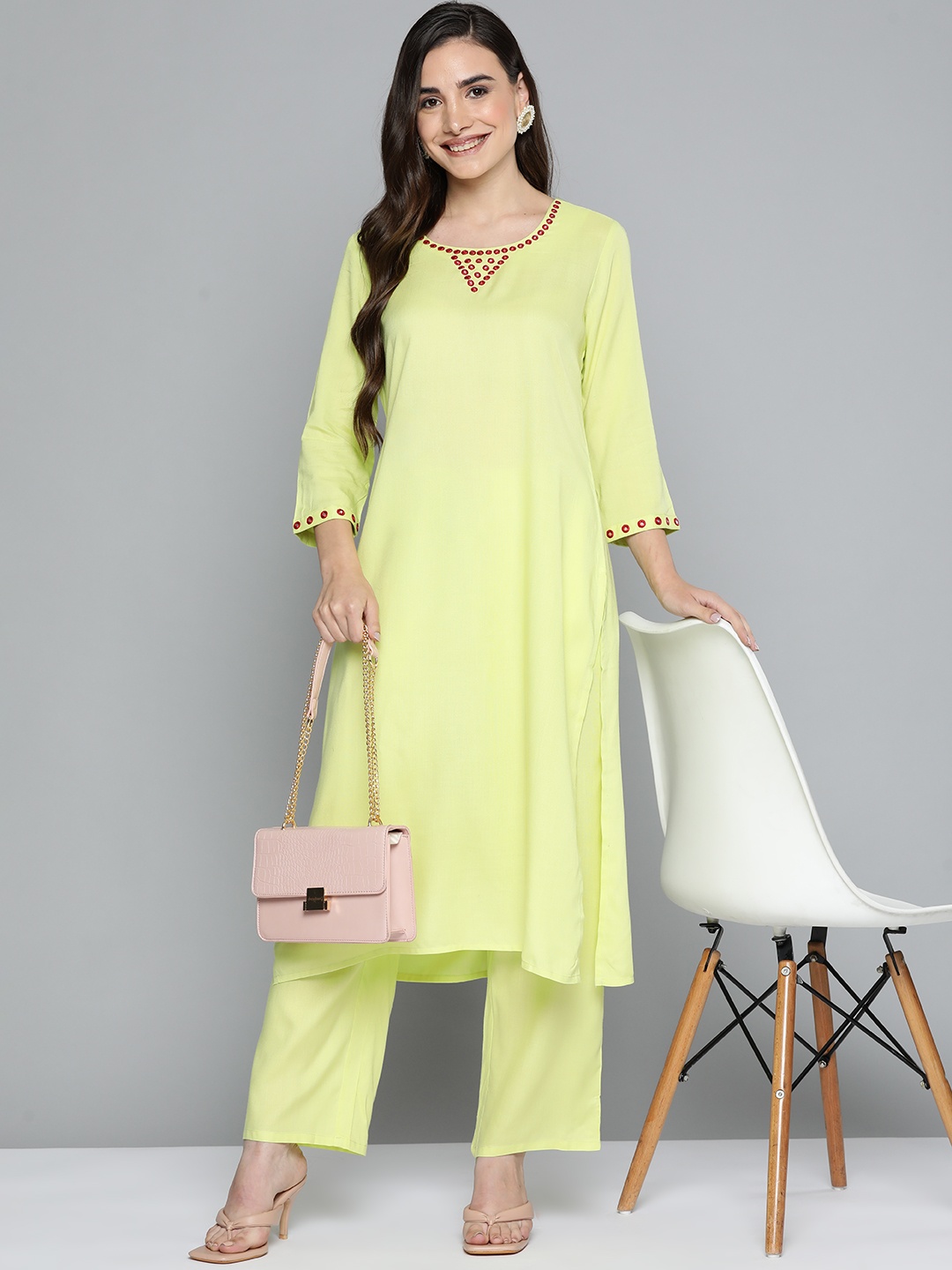 

HERE&NOW Women Lime Green Solid Mirror Work Kurta with Palazzos