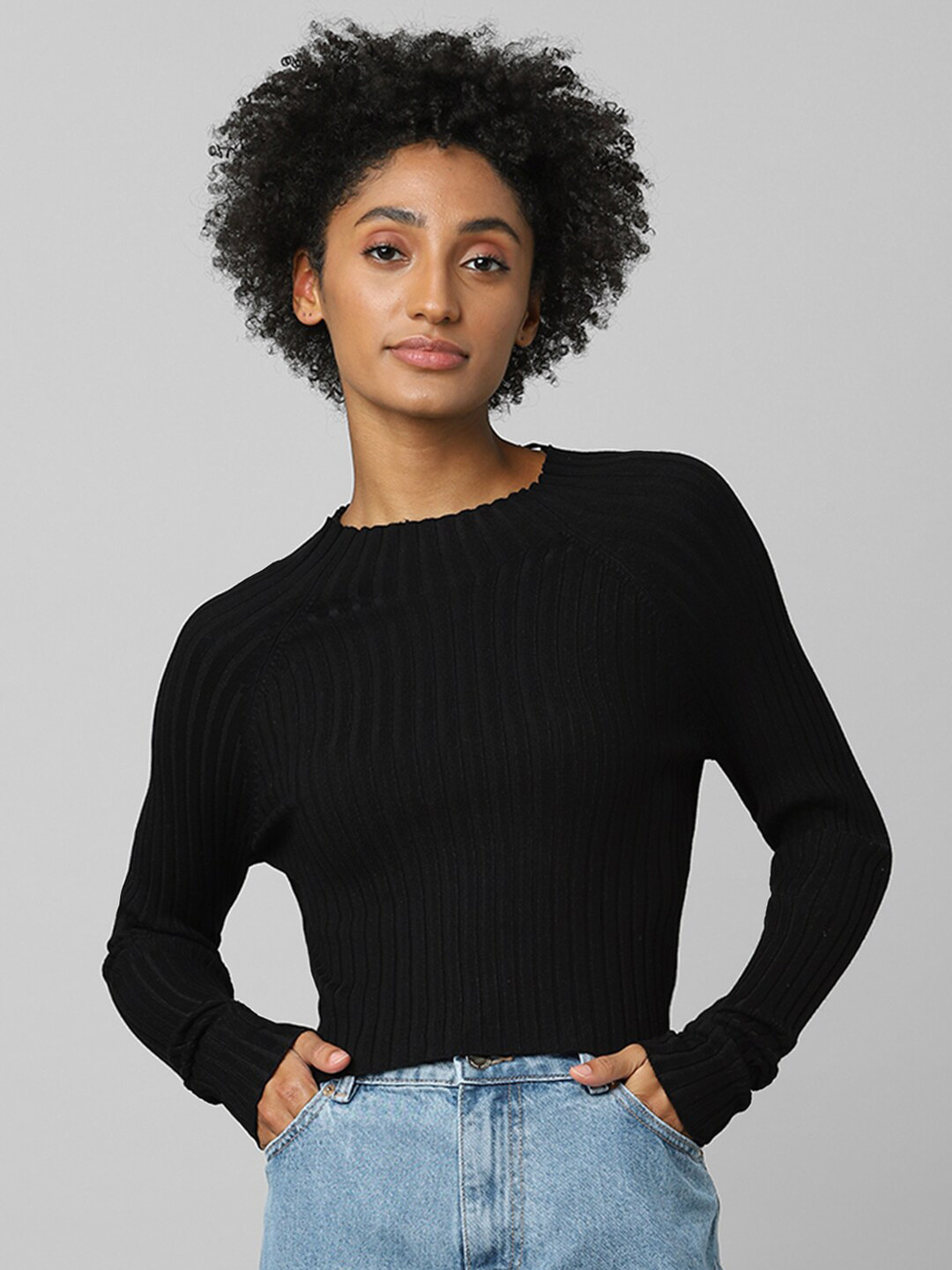 

ONLY Women Black Solid Full Sleeves Crop Pullover