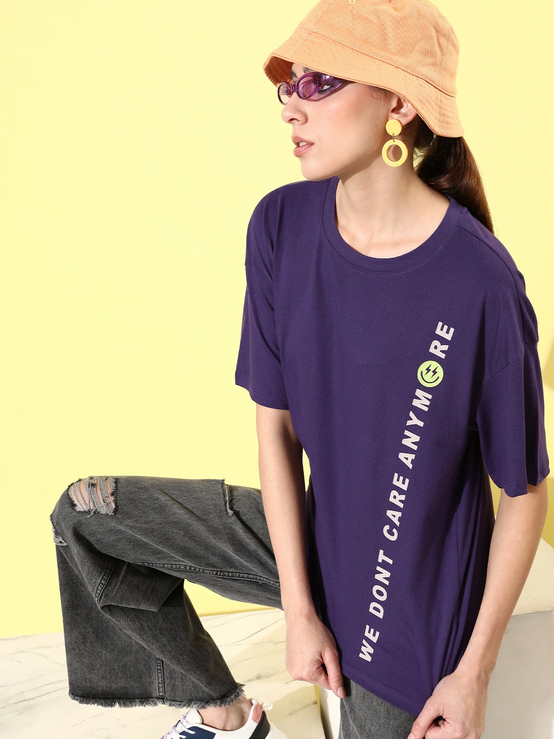 

4WRD by Dressberry Women Typography Printed Pure Cotton T-shirt, Purple