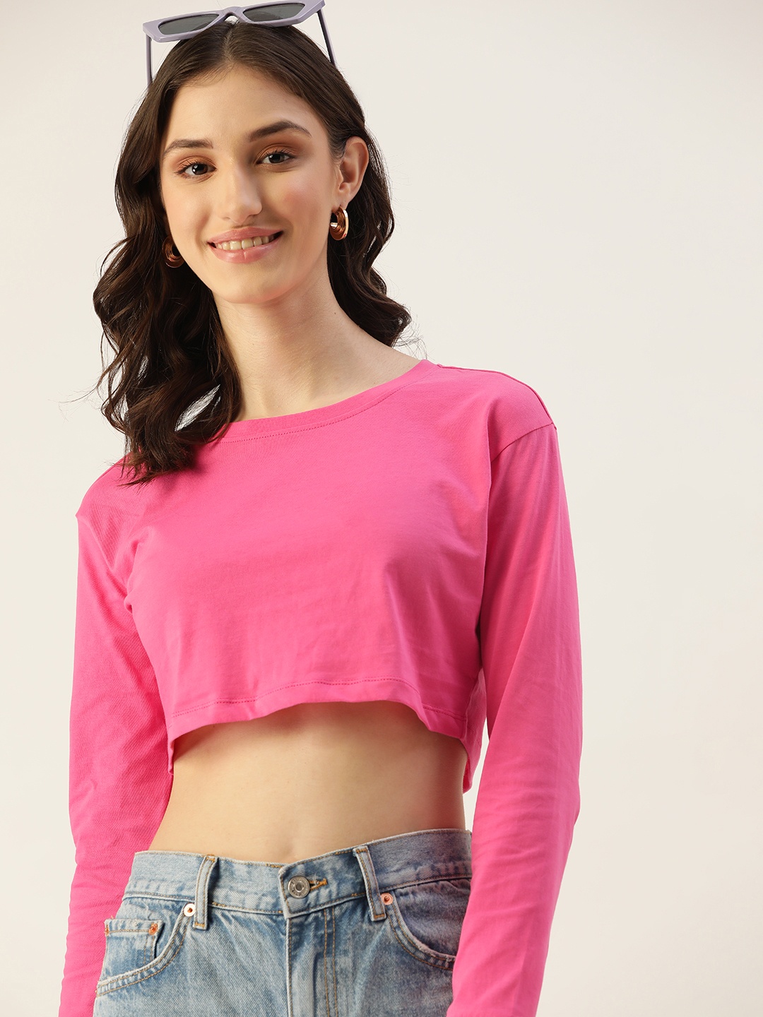 

DressBerry Women Pink Solid Pure Cotton Crop T-shirt
