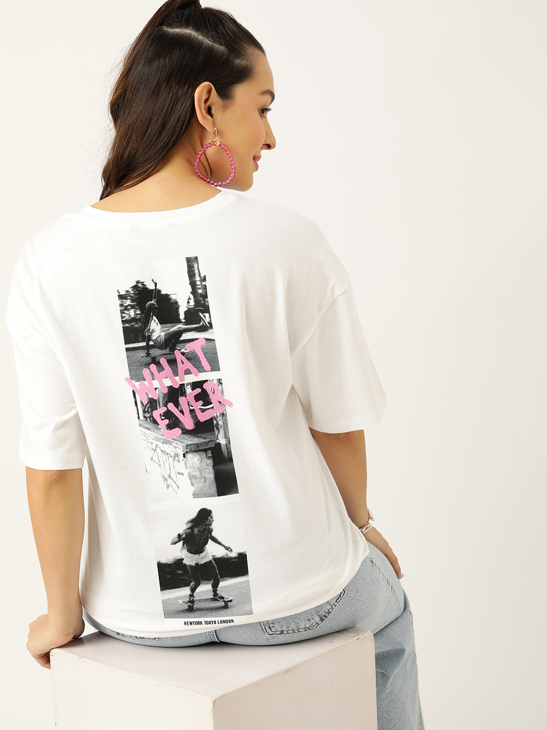 

DressBerry Printed Drop-Shoulder Sleeves Pure Cotton T-shirt, White
