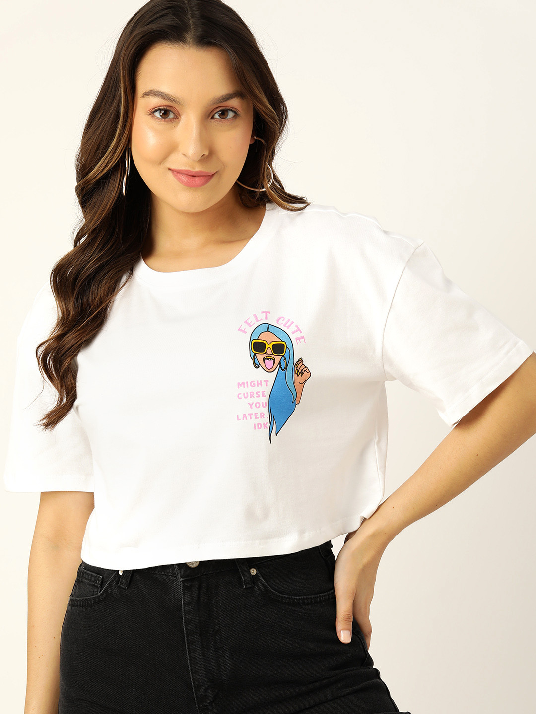 

DressBerry Printed Drop-Shoulder Sleeves Pure Cotton Crop T-shirt, White