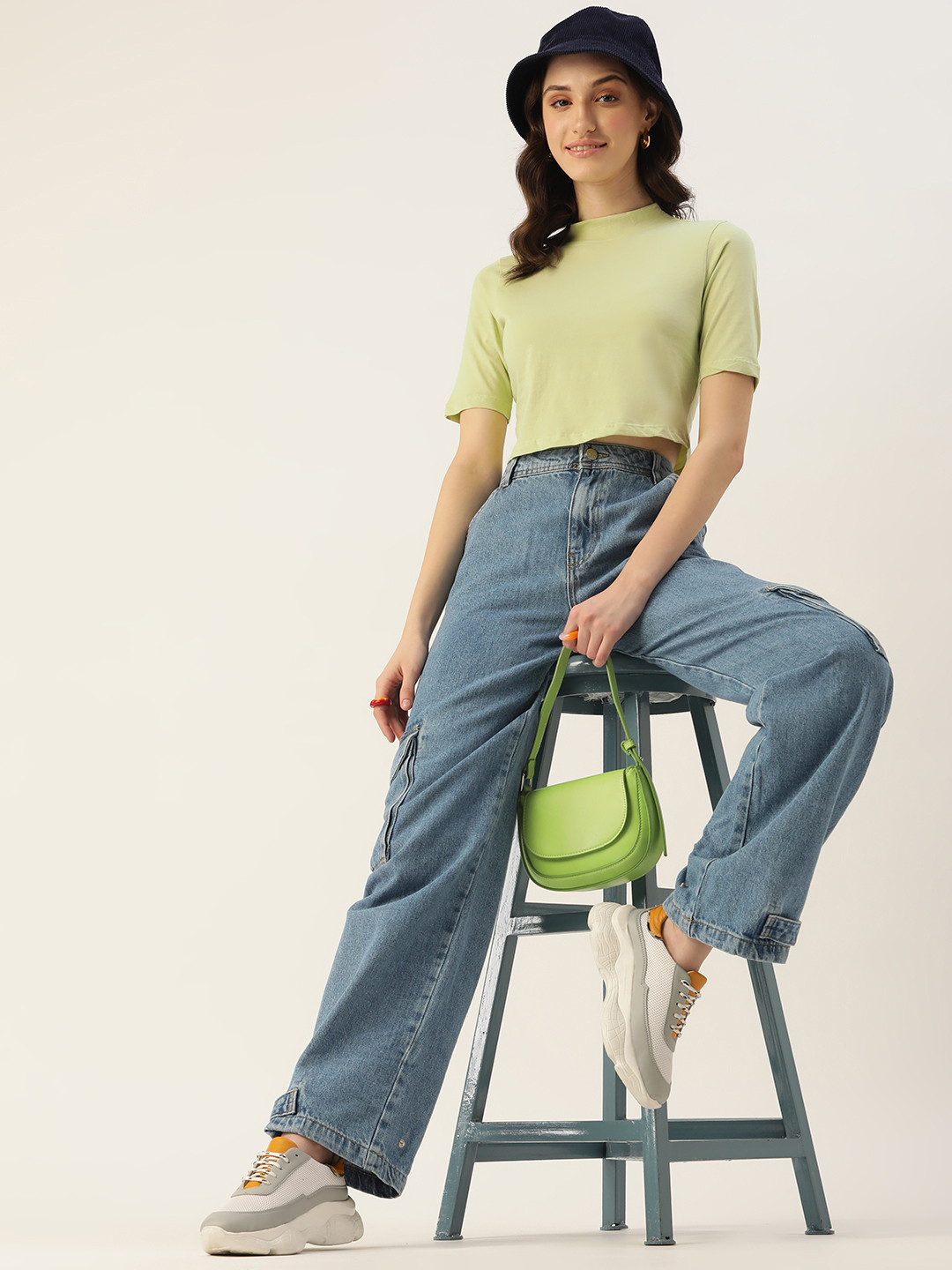 

DressBerry Women Green Solid High Neck Pure Cotton Crop T-shirt