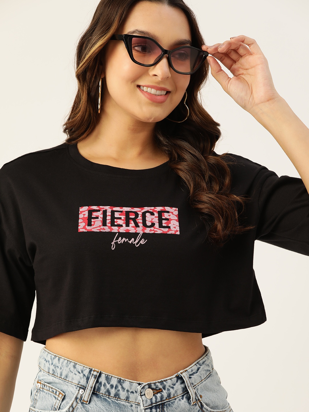 

DressBerry Typography Print Pure Cotton Cropped Boxy T-shirt, Black