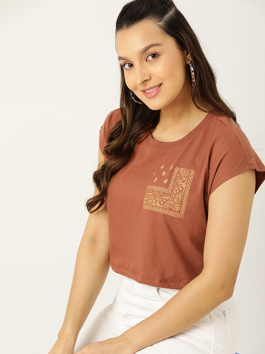 

DressBerry Pure Cotton Printed Extended Sleeve Boxy Crop T-shirt, Rust