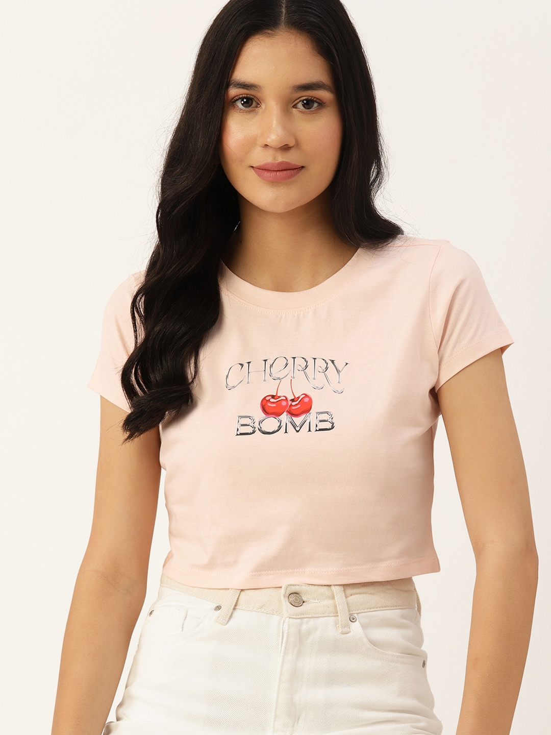 

DressBerry Women Typography Printed Pure Cotton T-shirt, Peach