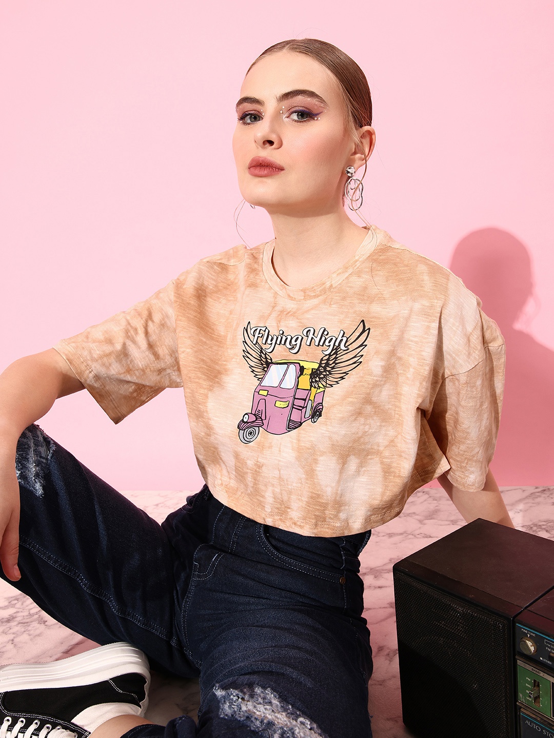 

DressBerry Women Classy Beige Printed Drop-Shoulder Seriously Silly Pure Cotton T-shirt