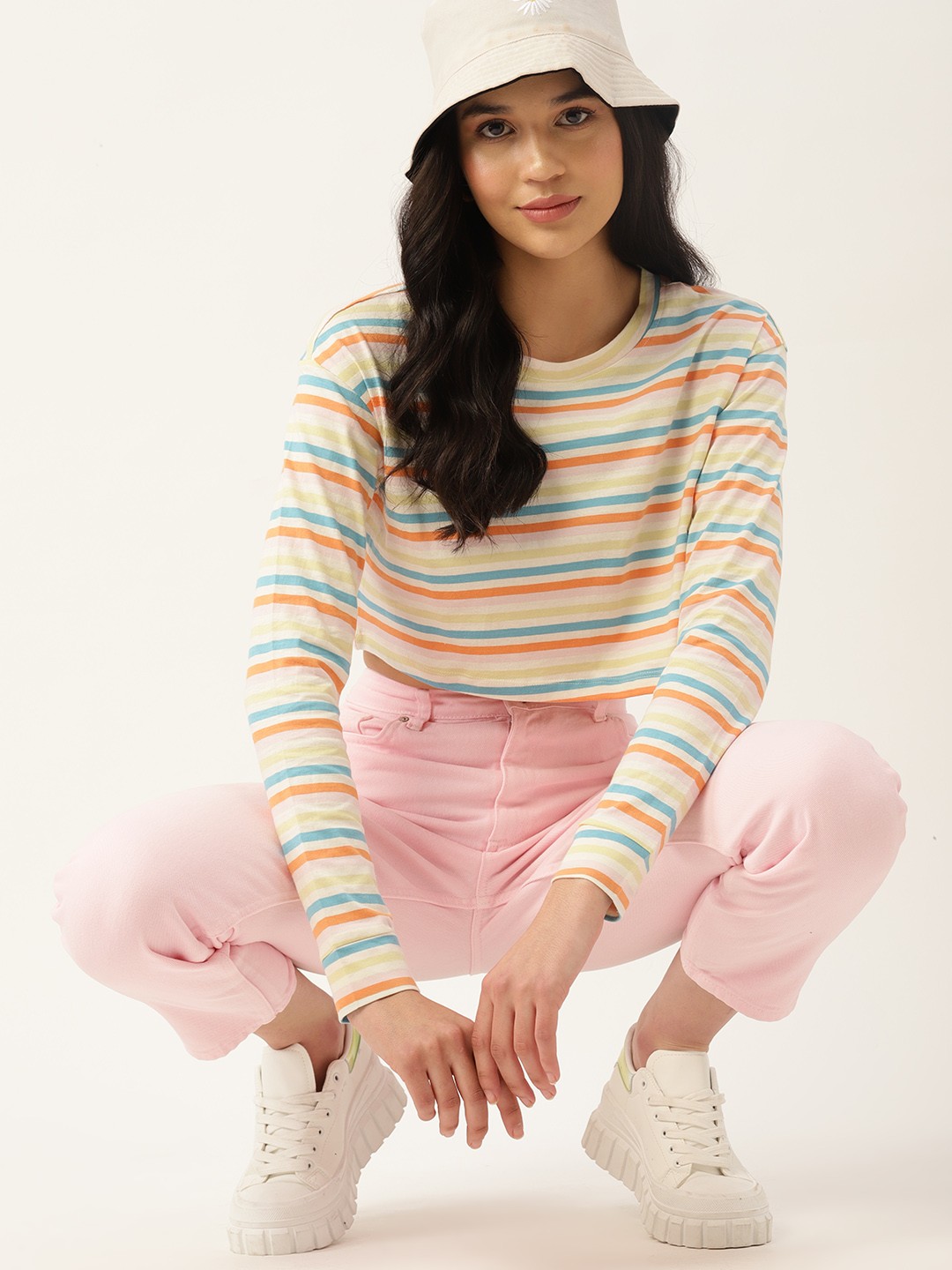 

DressBerry Women Striped Pure Cotton Crop T-shirt, Off white