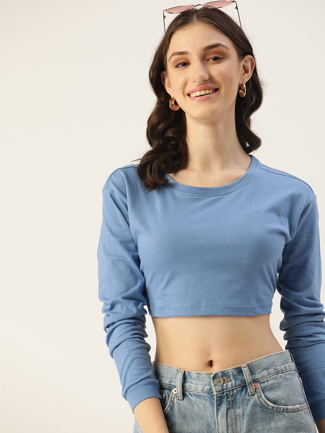 

DressBerry Women Blue Solid Pure Cotton Crop T-shirt