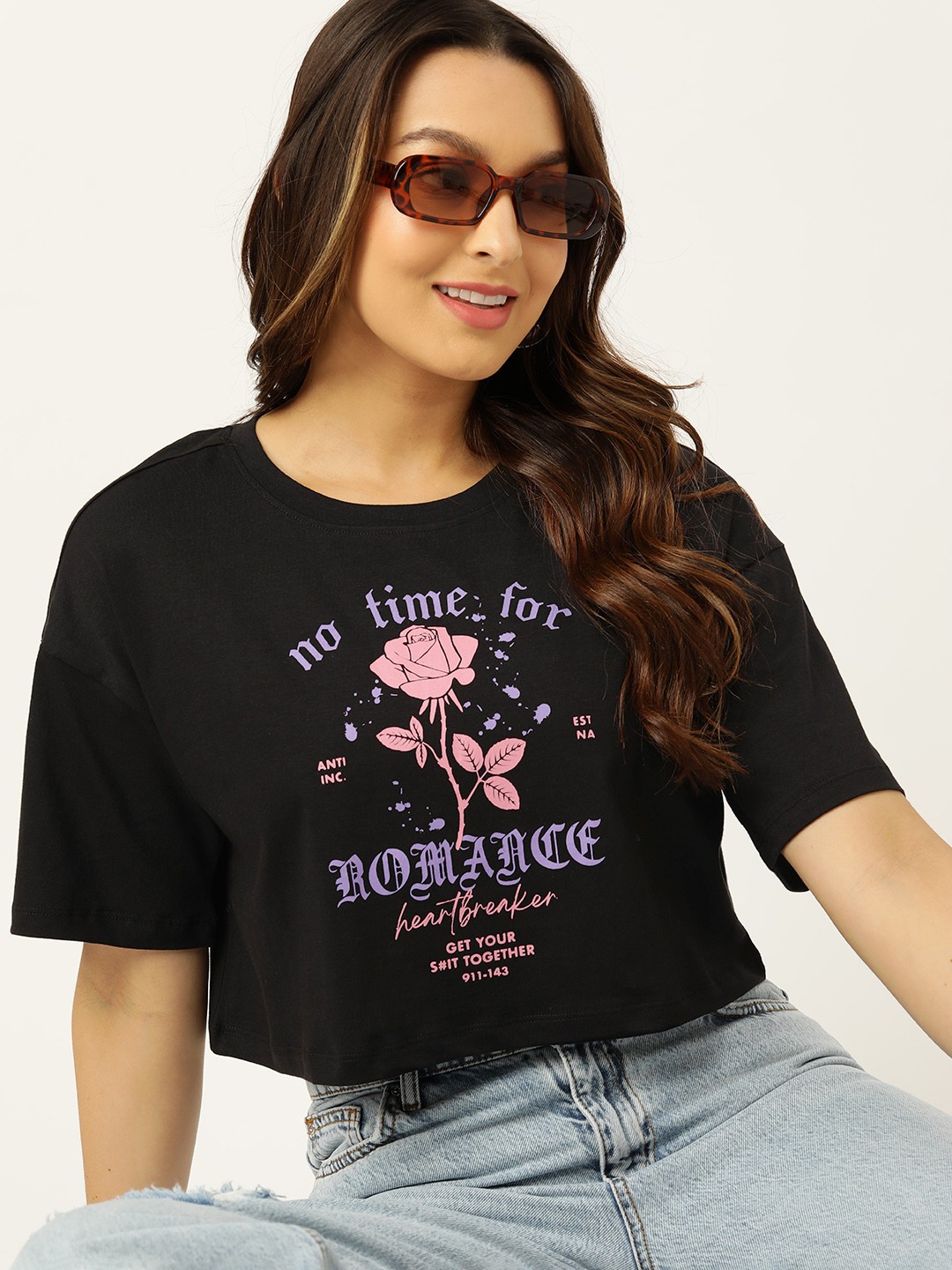 

DressBerry Floral Printed Drop-Shoulder Sleeves Pure Cotton Crop T-shirt, Black