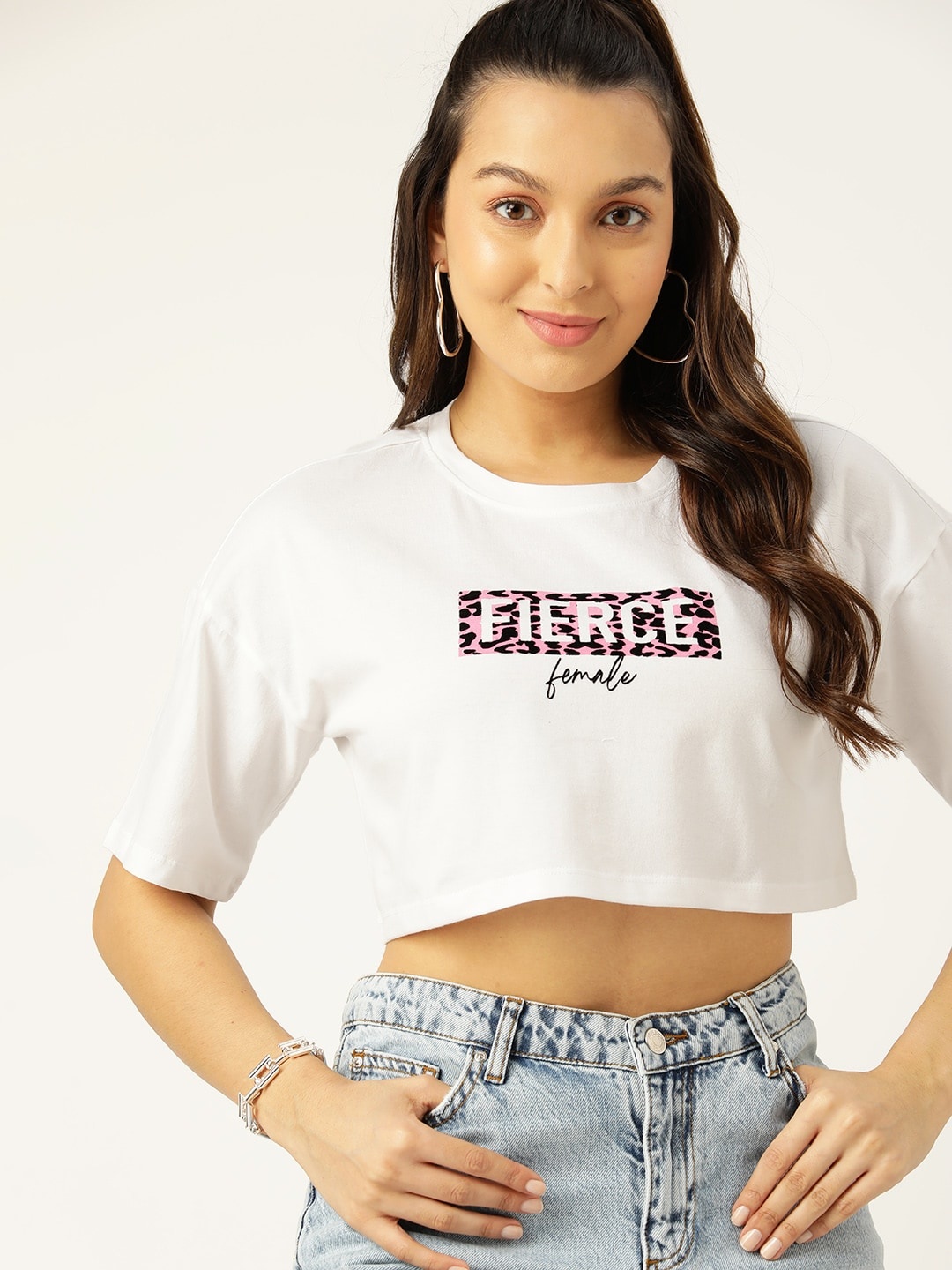 

DressBerry Typography Printed Pure Cotton Crop T-shirt, White