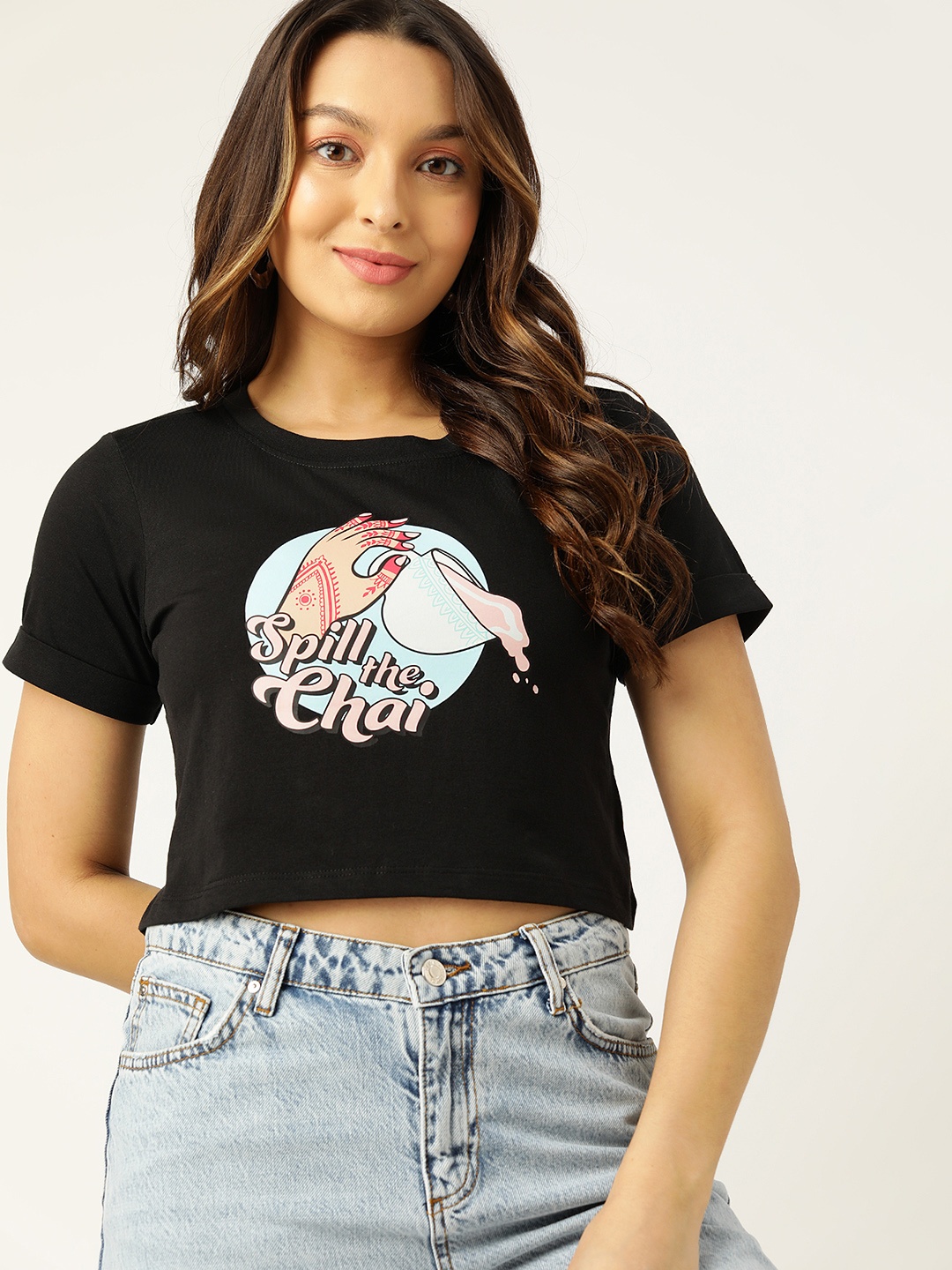 

DressBerry Typography Printed Pure Cotton Crop T-shirt, Black