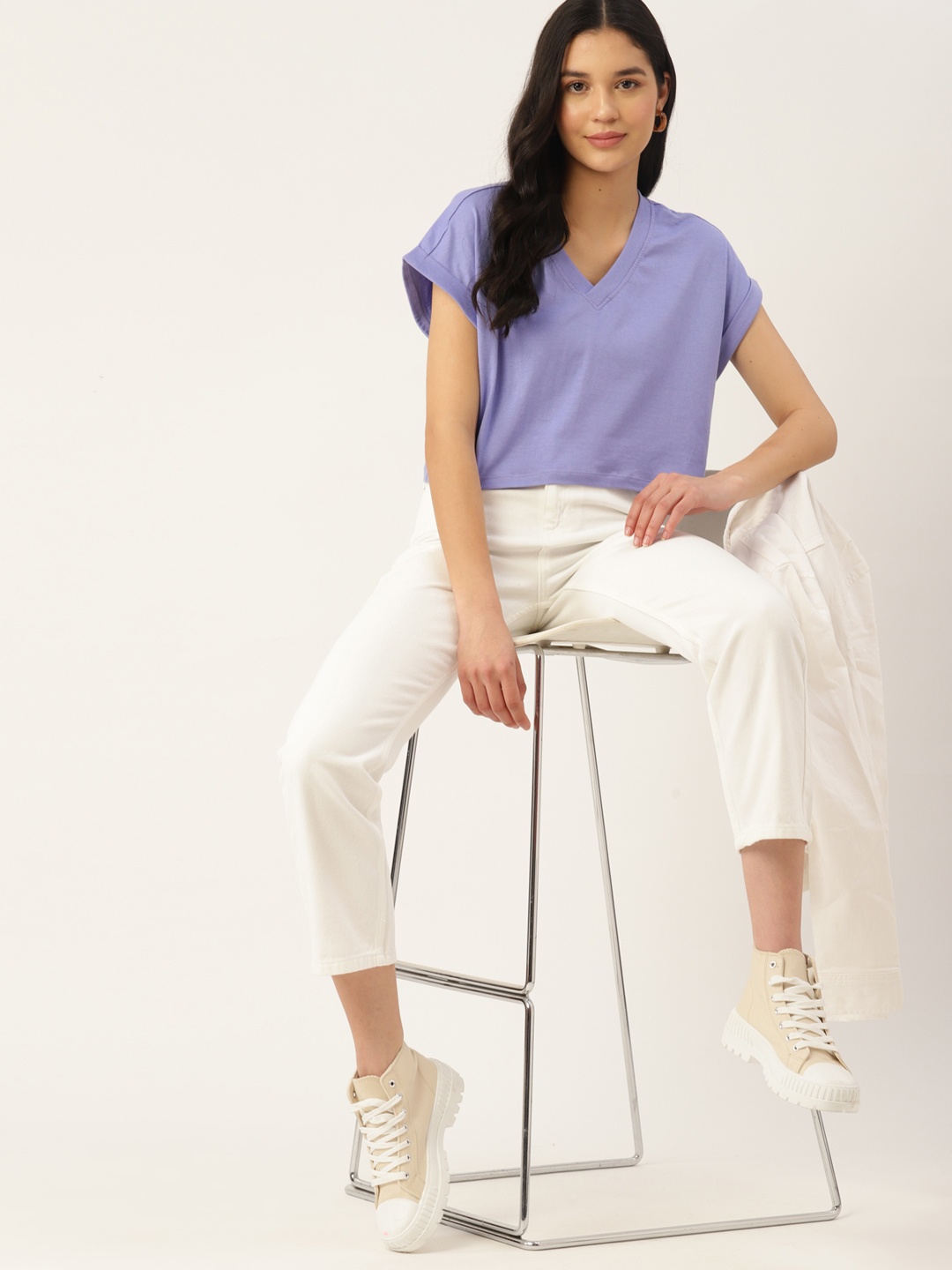 

DressBerry Women Solid Pure Cotton V-Neck T-shirt, Lavender