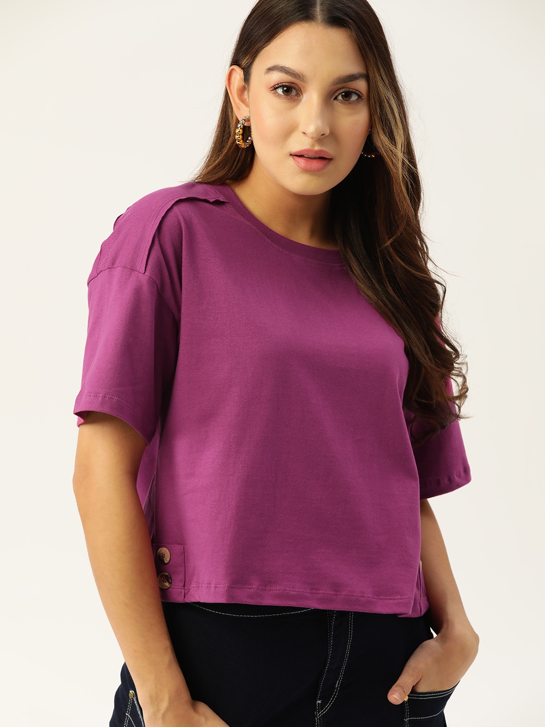 

DressBerry Women Drop-Shoulder Sleeves Pure Cotton T-shirt, Purple