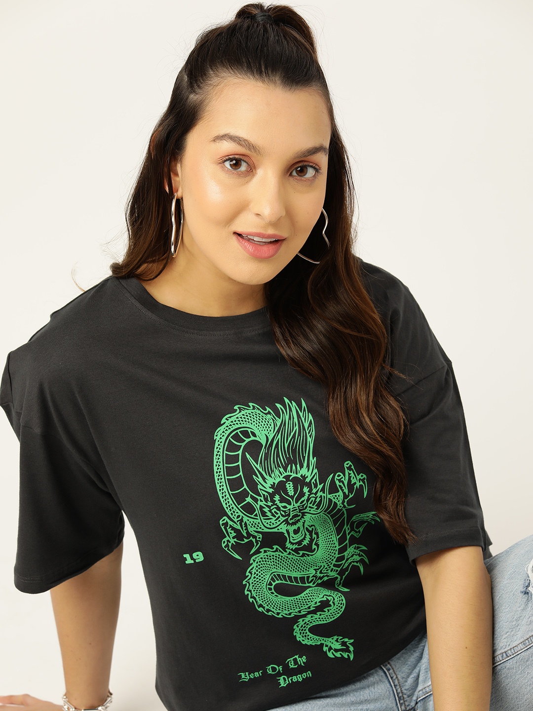 

DressBerry Printed Drop-Shoulder Sleeves Pure Cotton T-shirt, Charcoal