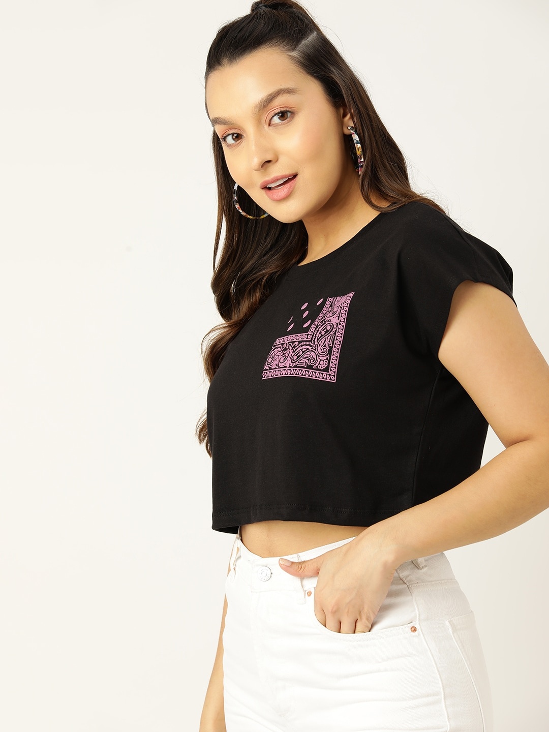 

DressBerry Pure Cotton Printed Extended Sleeve Boxy Crop T-shirt, Black