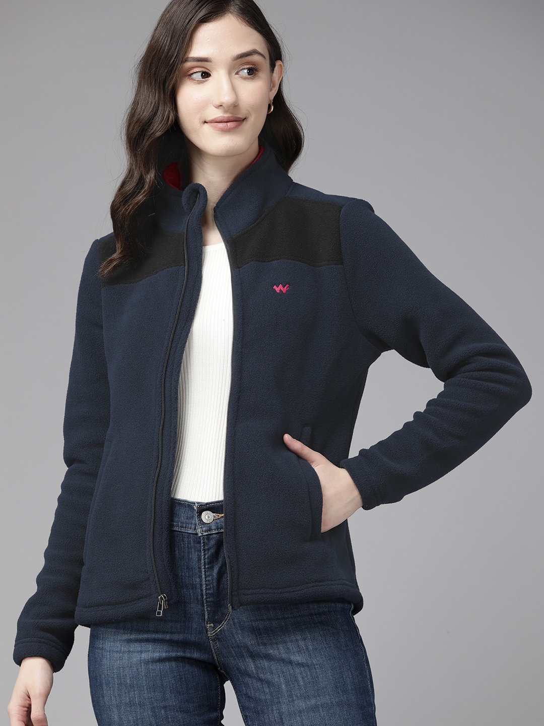 

Wildcraft Women Navy Blue Mock Collar Open Front Jacket