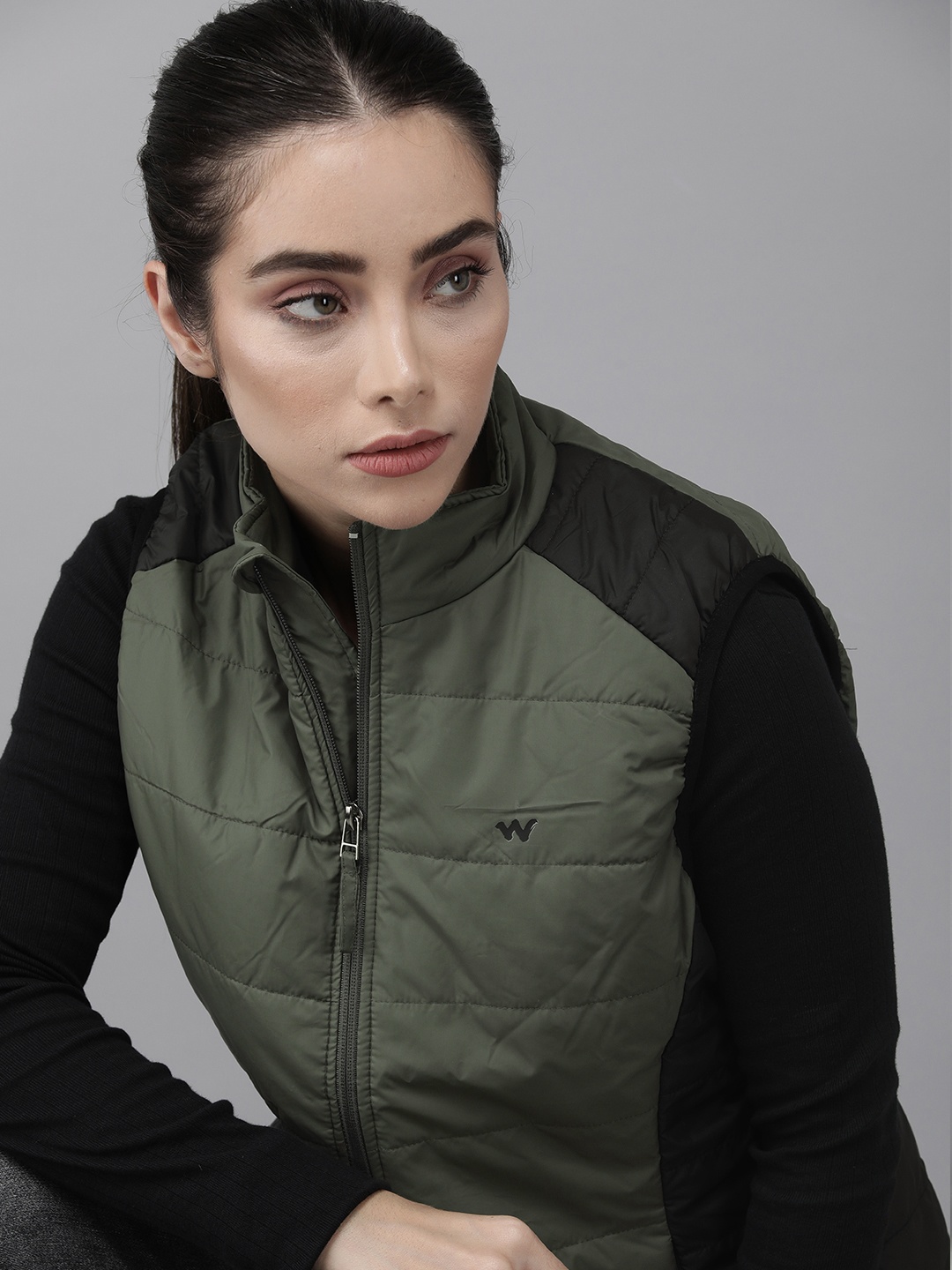 

Wildcraft Women Olive Green And Black Colourblocked Lightweight Sporty Jacket