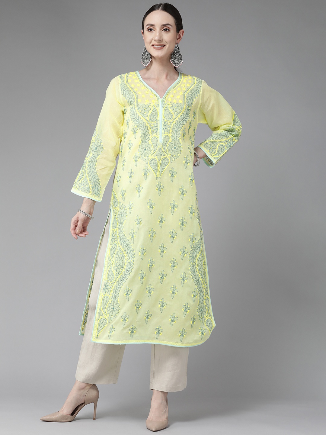 

ADA Women Yellow & Green Floral Embroidered Chikankari Kurta