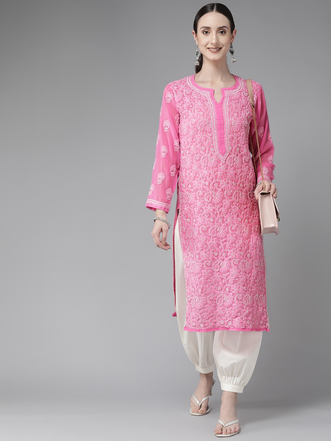 

ADA Women Pink & White Ethnic Motifs Embroidered Chikankari Georgette Kurta