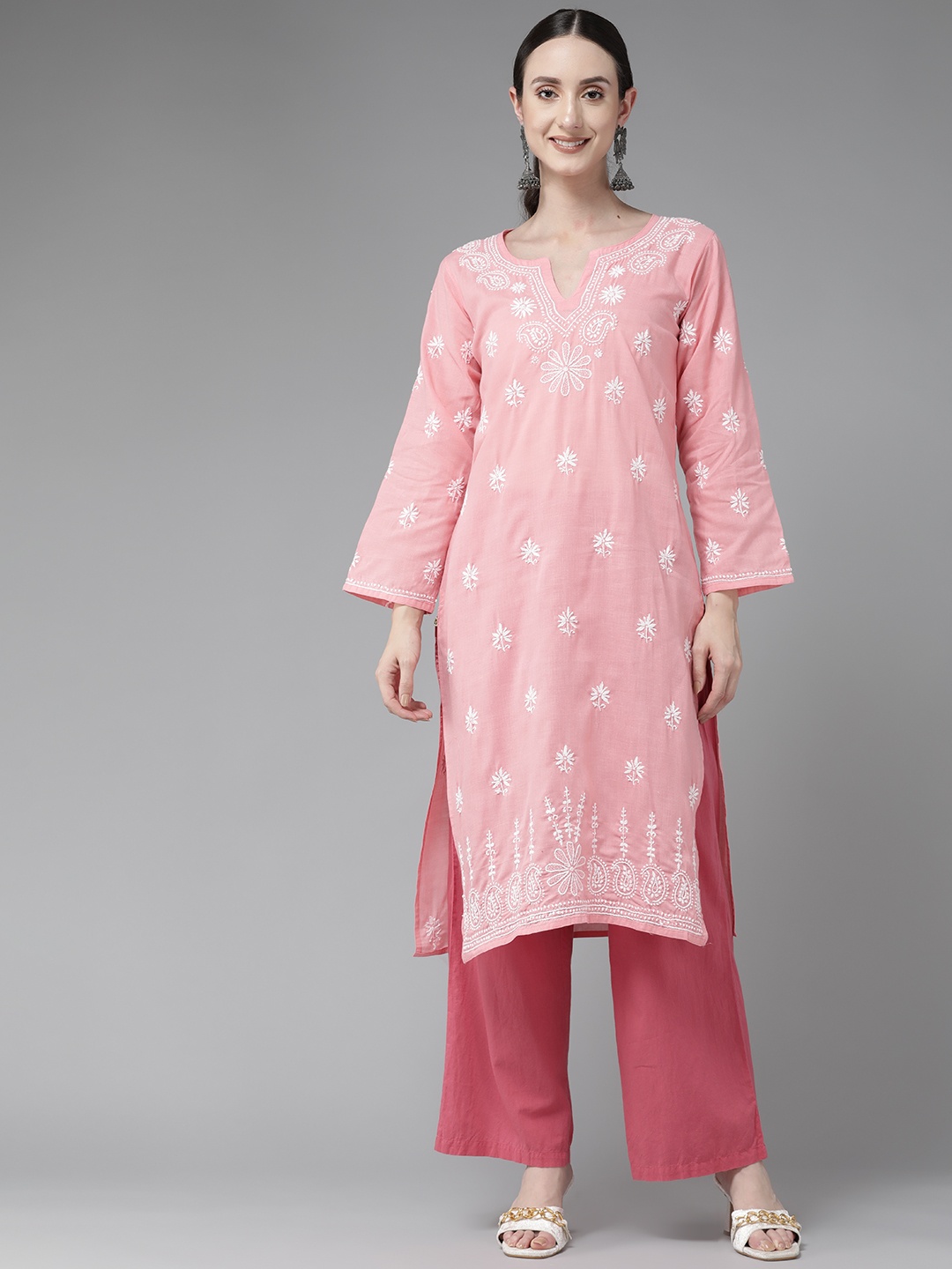 

ADA Women Peach-Coloured & White Ethnic Motifs Embroidered Chikankari Kurta
