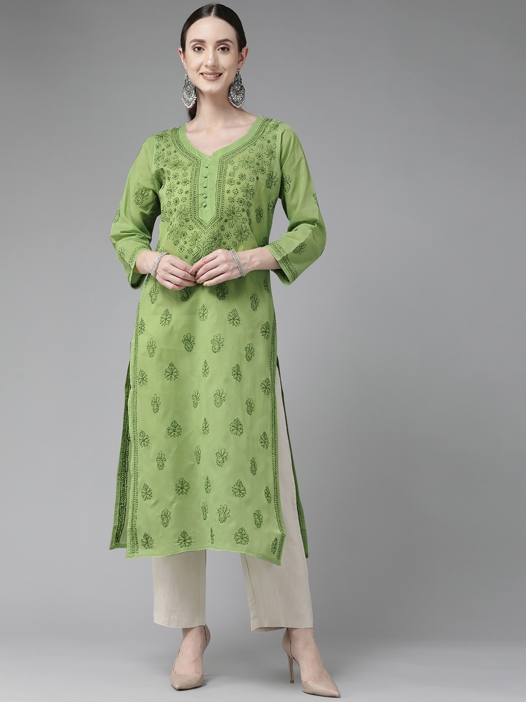 

ADA Women Green Ethnic Motifs Embroidered Chikankari Kurta