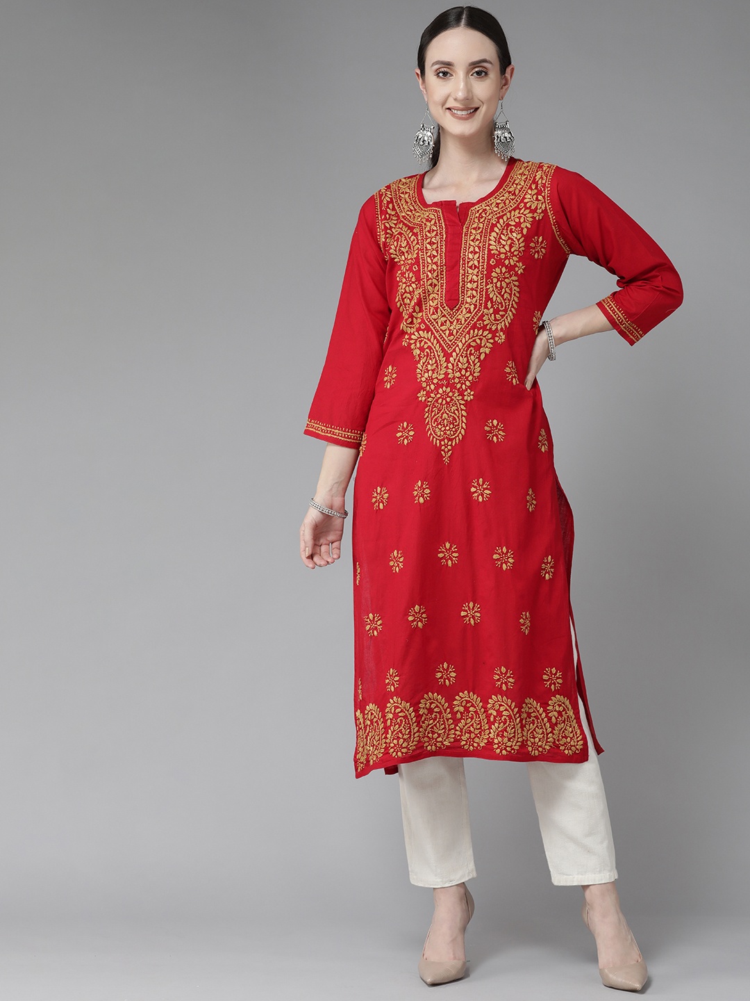 

ADA Women Red & Beige Ethnic Motifs Embroidered Chikankari Kurta