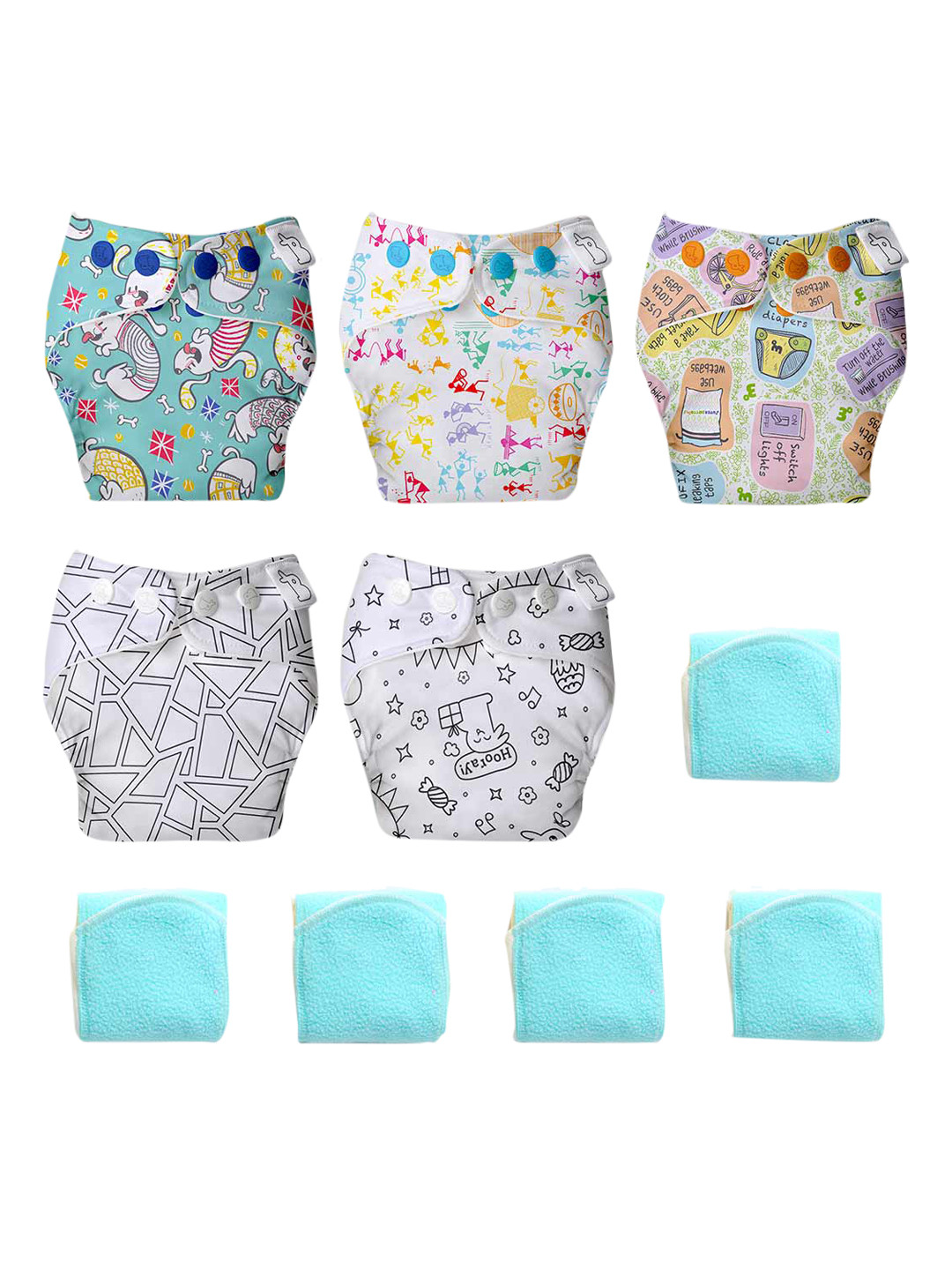 

SuperBottoms Infants Pack of 5 Cloth Sustainable Diapers with 5 Organic Cotton Inserts, Multi