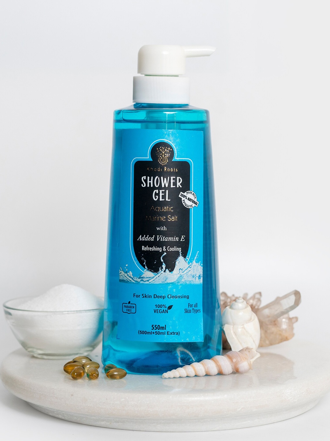 

Khadi Roots Vegan Aquatic Marine Salt Shower Gel with Added Vitamin E - 550 ml, Blue
