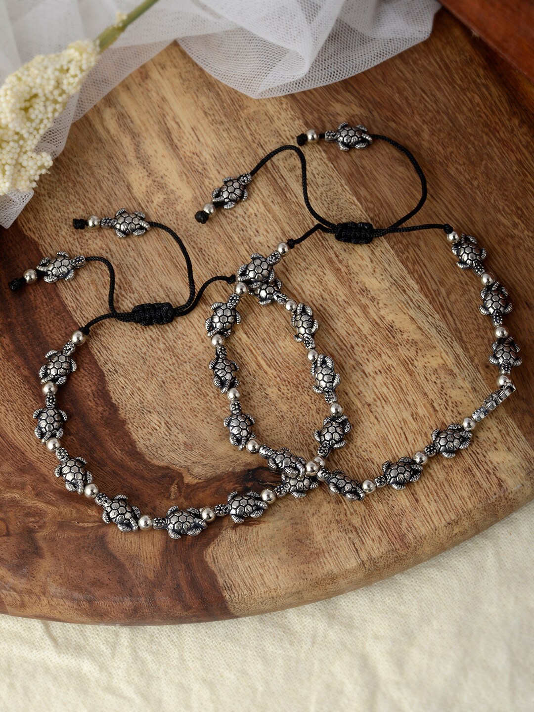 

Silvermerc Designs Set Of 2 Silver-Plated Crocodile designed Beaded Oxidized Anklets