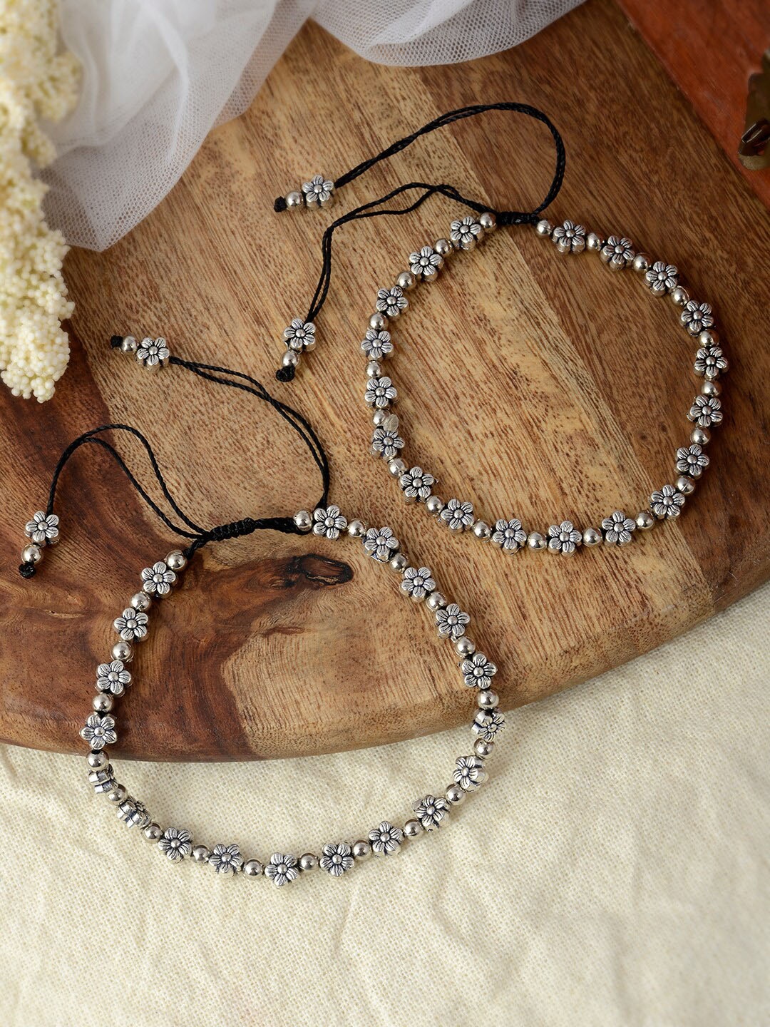 

Silvermerc Designs Oxidised Silver Plated Black Floral Anklets