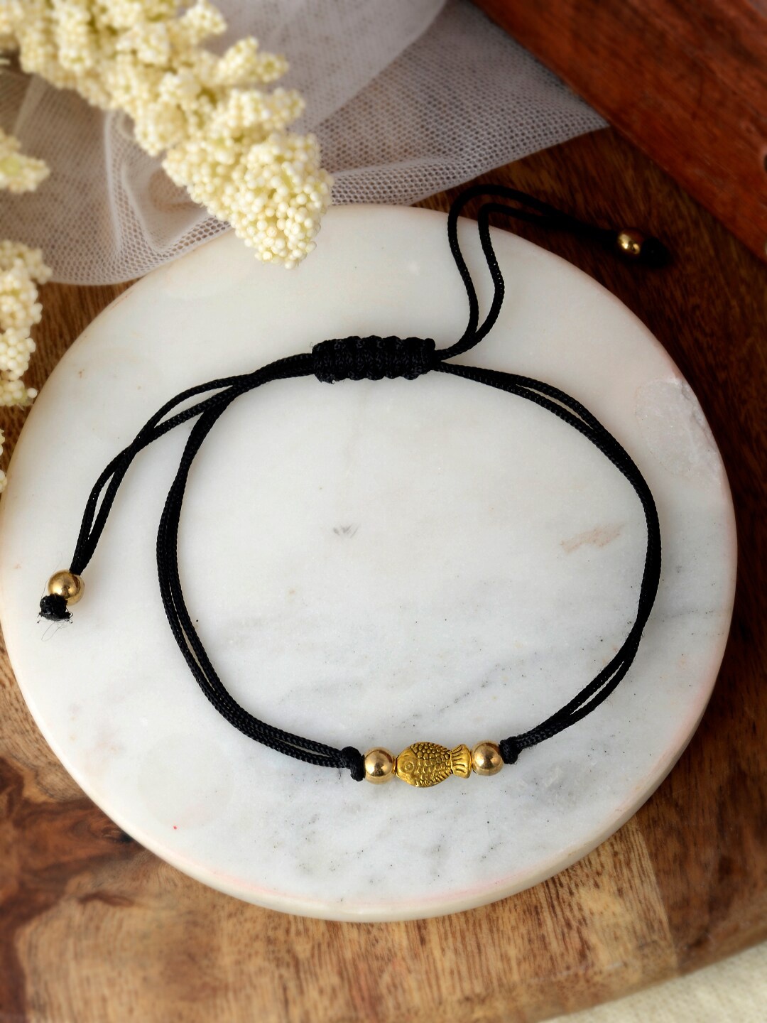 

Silvermerc Designs Women Gold Fish Charm Beads Black Thread Anklet