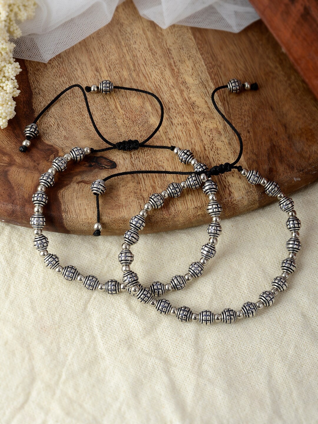 

Silvermerc Designs Set Of 2 Oxidised Silver Plated Thread Anklets