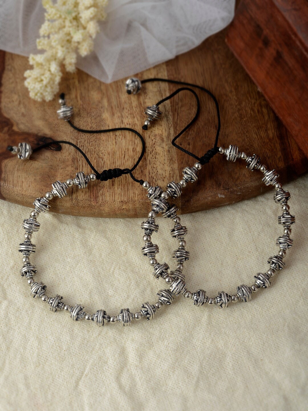 

Silvermerc Designs Women Silver Plated Oxidised Black Thread Anklet