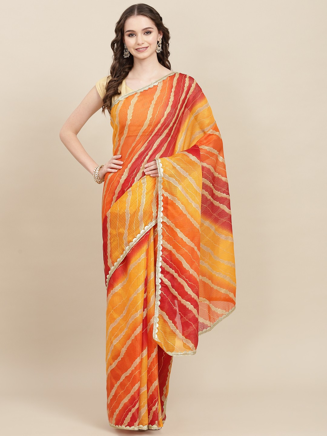 

Yufta Orange & Red Leheriya Gotta Patti Kota Saree