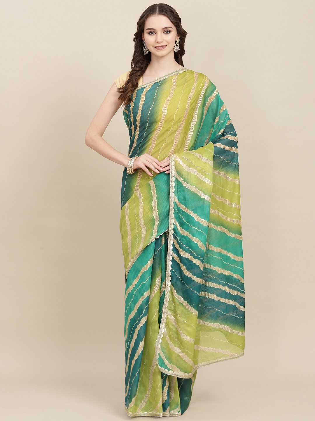 

Yufta Teal & Lime Green Leheriya Gotta Patti Kota Saree