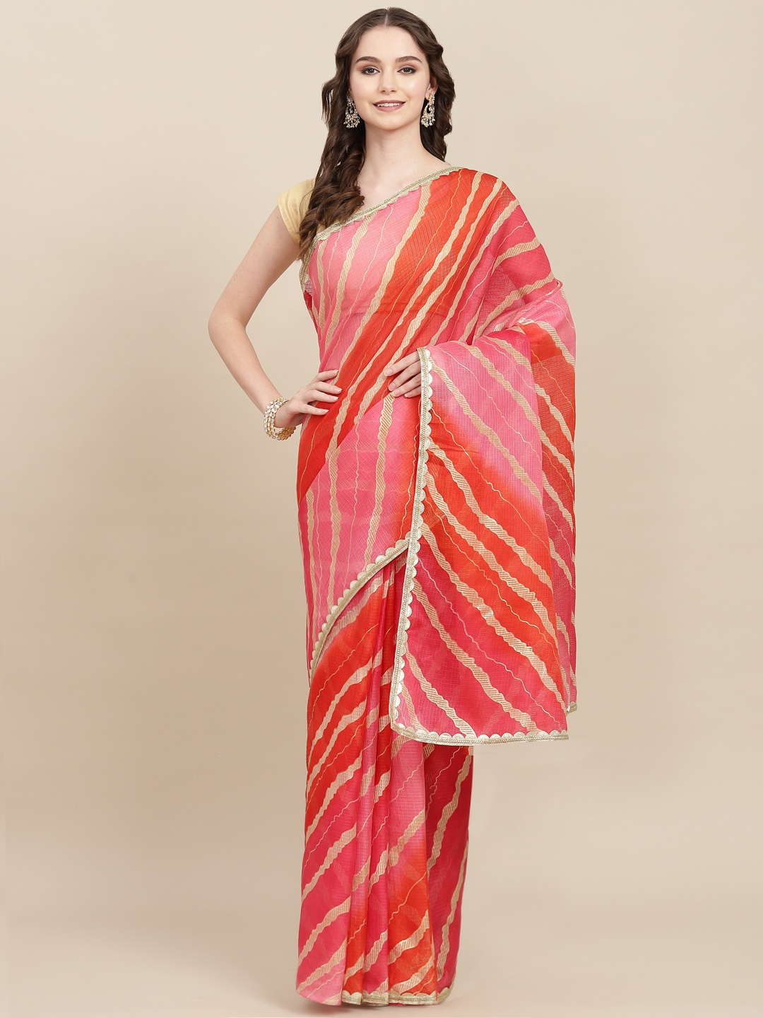 

Yufta Red & Gold-Toned Leheriya Gotta Patti Kota Saree